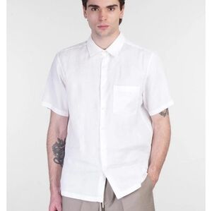 Theory Short Sleeve Linen Buttondown With Single Pocket Sz XL White